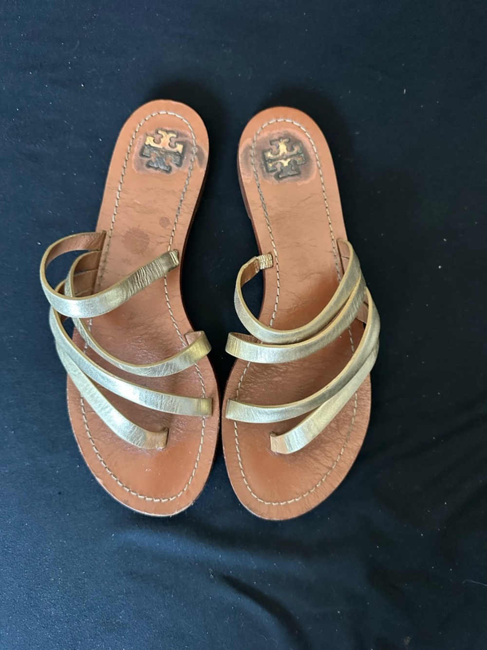 Tory Burch Metallic Gold Multi-Strap Leather Slide Sandals